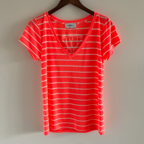 soulcycle Tops - Soulcycle Wheel Neon Orange Stripe V-Neck Tee Med